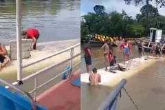 Vídeo: ônibus cai de balsa durante travessia no Pará