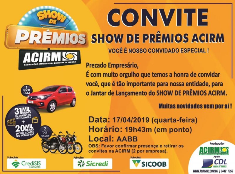 Lancamento do “Show de Prêmios” da Acirm será dia 17