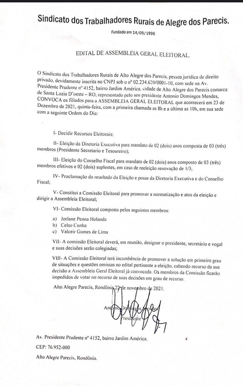 Edital de assembleia geral eleitoral do Sindicato dos Trabalhadores Rurais de Alto Alegre dos Parecis 