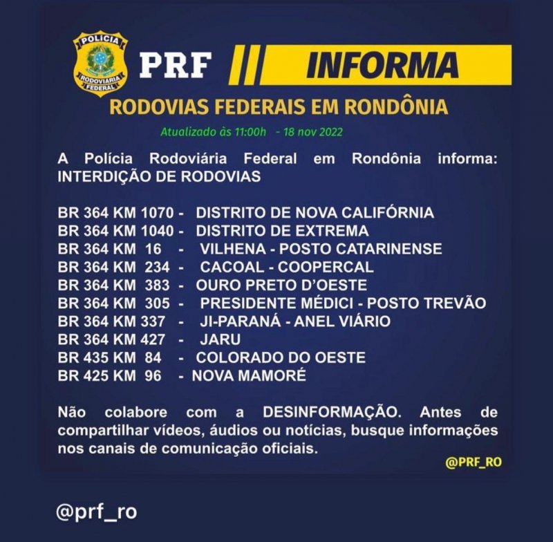 Sobe para dez o número de interdições nas rodovias federais de Rondônia