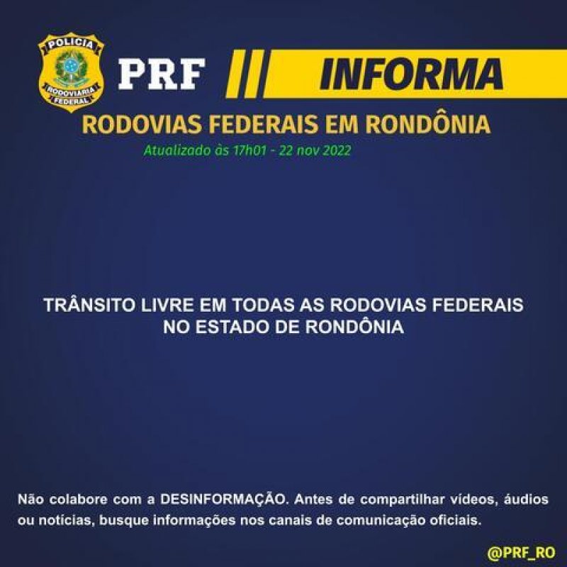 PRF anuncia que não há rodovias bloqueadas em Rondônia