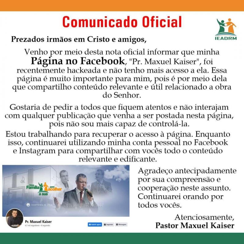 Página no Facebook, do pastor Maxuel Kaiser foi hackeada