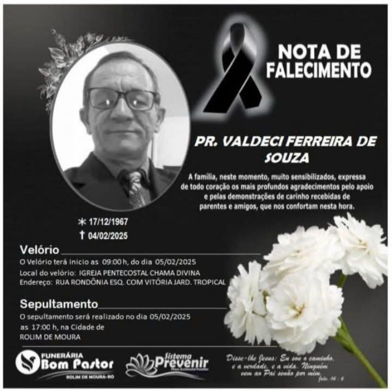 Nota de falecimento PR. VALDECI FERREIRA DE SOUZA