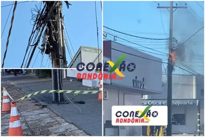 Curto-circuito provoca incêndio em poste e causa apagão no centro de Pimenta Bueno