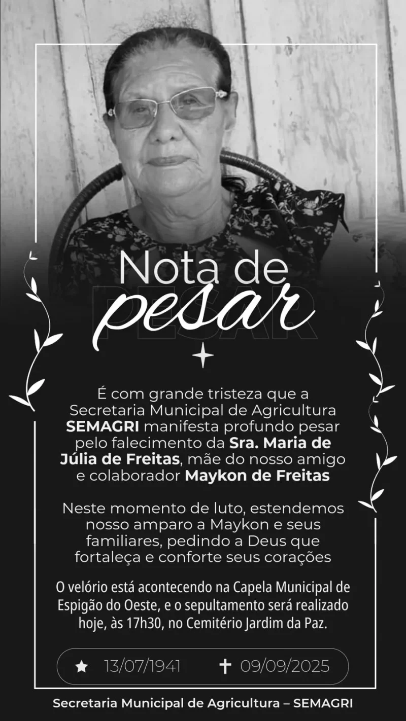 Semagri de Rolim de Moura emite pesar pelo falecimento da senhora Maria Júlia de Freitas, mãe do servidor Maycon de Freitas