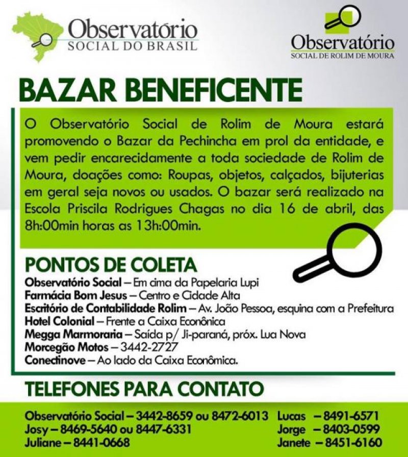 Observatório Social realizará bazar beneficente, em Rolim de Moura