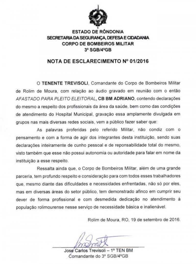 Rolim de Moura - Comandante do Corpo de Bombeiros emite Nota de Esclarecimento