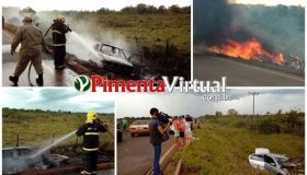 Veículo fica destruído por incêndio após acidente na RO-010 em Pimenta Bueno
