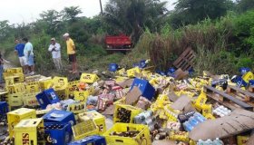 Caminhão carregado com cerveja tomba e carga fica espalhada na RO-481 em São...