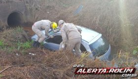 Condutor fica desacordado após carro capotar e cair dentro de córrego em...