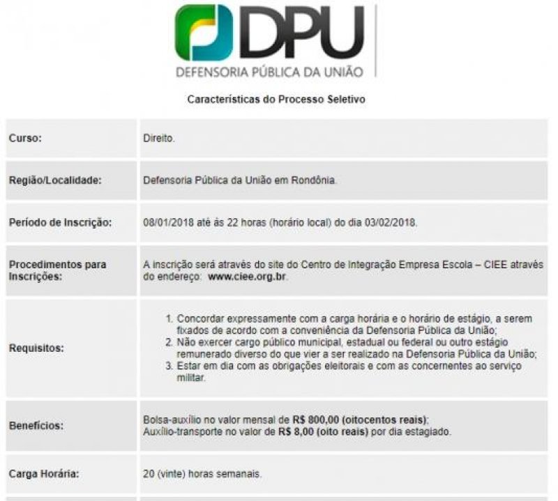 Defensoria Pública da União em Rondônia seleciona estagiários de Direito