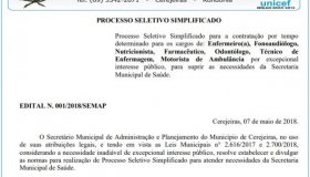 Prefeitura de Cerejeiras abre seleção com 15 vagas