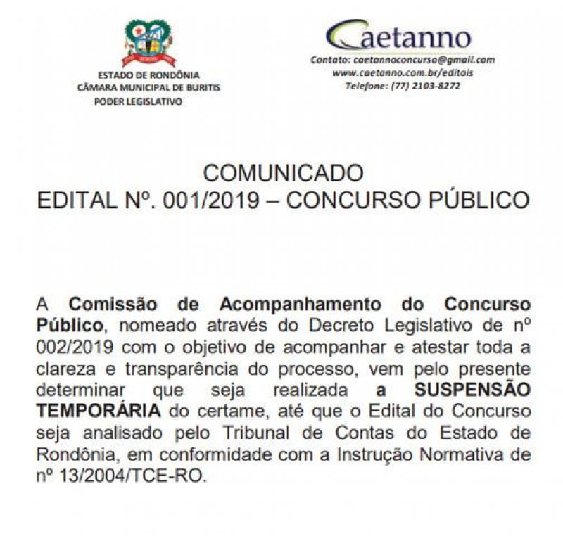 Concurso de Buritis com salários de até R$ 4 mil é suspenso temporariamente