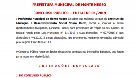 Prefeitura de Monte Negro oferece 145 vagas em concurso público