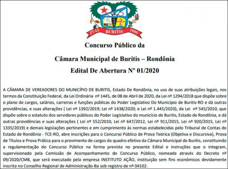 Câmara de Buritis abre concurso público com vagas para todos os níveis