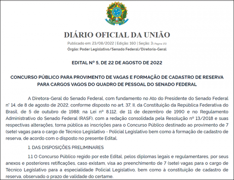 Senado abre concurso com mais de mil vagas e provas em todas as capitais