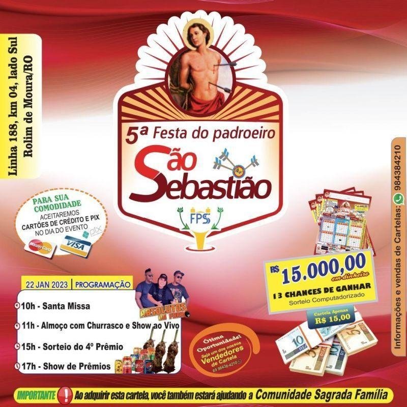 5ª Festa do Padroeiro São Sebastião: Churrasco no espeto e porções podem ser compradas no crédito, débito e pix