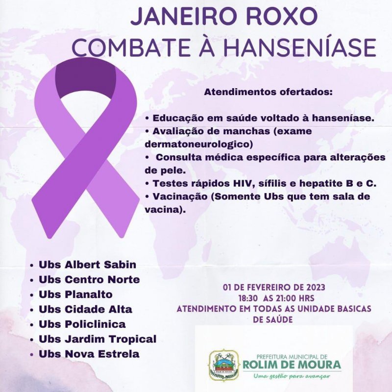 Janeiro Roxo: SEMUSA realizará ações nas UBSs para conscientização sobre à hanseníase em Rolim de Moura
