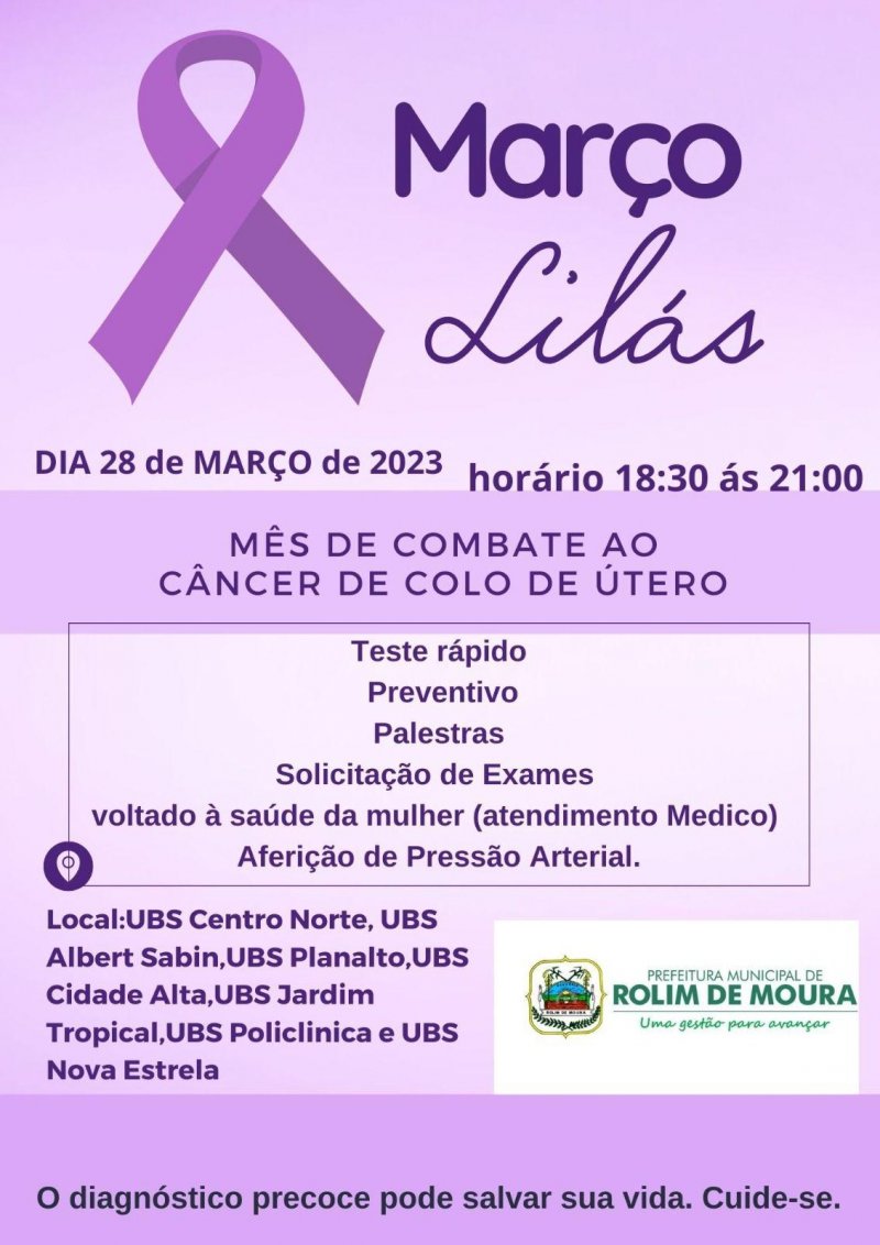 Mês da Mulher: Secretaria Municipal de Saúde realizará campanha do Março Lilás em Rolim de Moura
