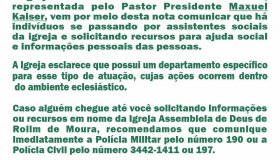 Igreja Assembleia de Deus de Rolim de Moura emite nota de esclarecimento