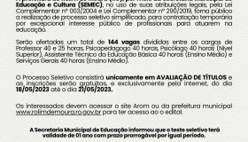 Prefeitura de Rolim de Moura abre processo seletivo para educação com 144...