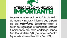 Secretaria de Saúde de Rolim de Moura informa que regulação e setor de...