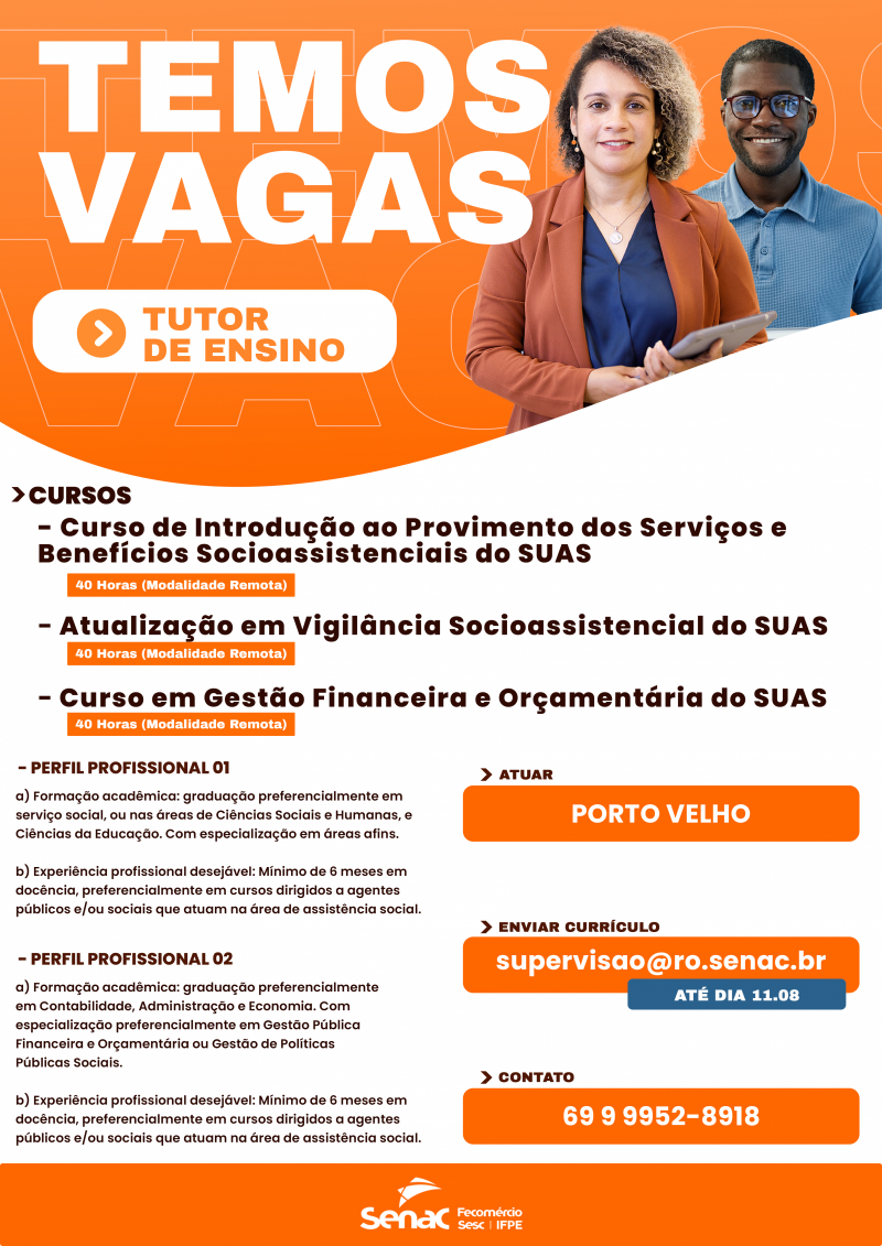 SENAC DIVULGA PROCESSO SELETIVO PARA TUTORES DE ENSINO