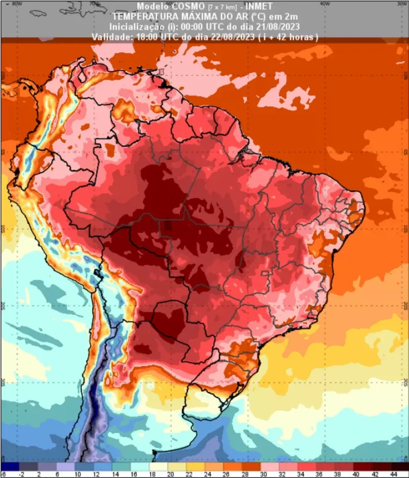 Previsão de temperatura máxima para o dia 22 de agosto de 2023, às 15h. — Foto: Reprodução/INMET