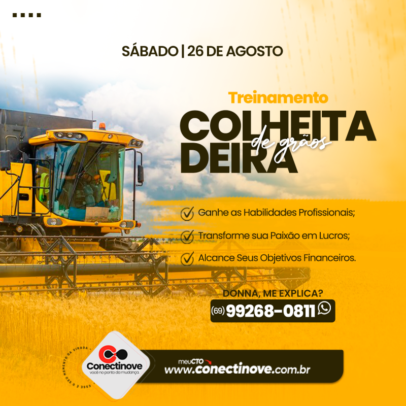OPORTUNIDADE: Conectinove abre vagas limitadas para o curso de Operador de Colheitadeira de Grãos