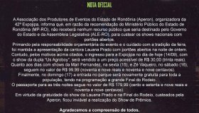 Nota: Expojipa segue recomendação do MP e shows que seriam com portões...