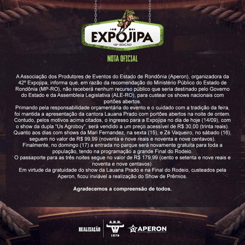 Nota: Expojipa segue recomendação do MP e shows que seriam com portões abertos serão pagos, em Ji-Paraná