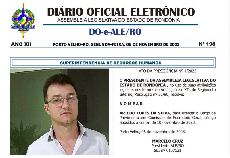 Nomeação saiu no Diário da ALE/RO nesta segunda-feira.