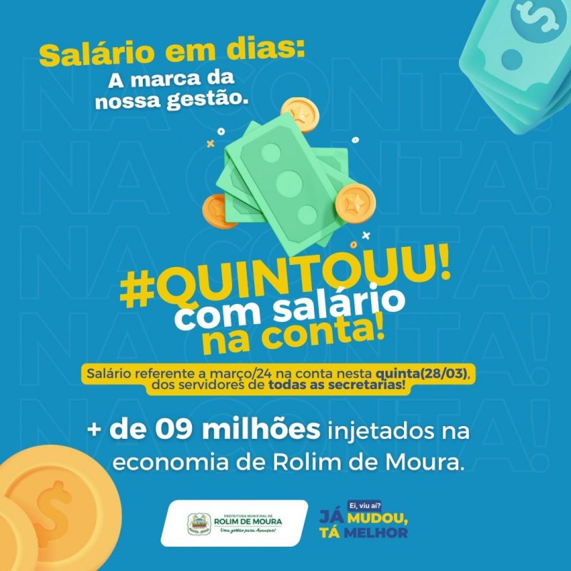Pagamento de março dos servidores de Rolim de Moura já está na conta