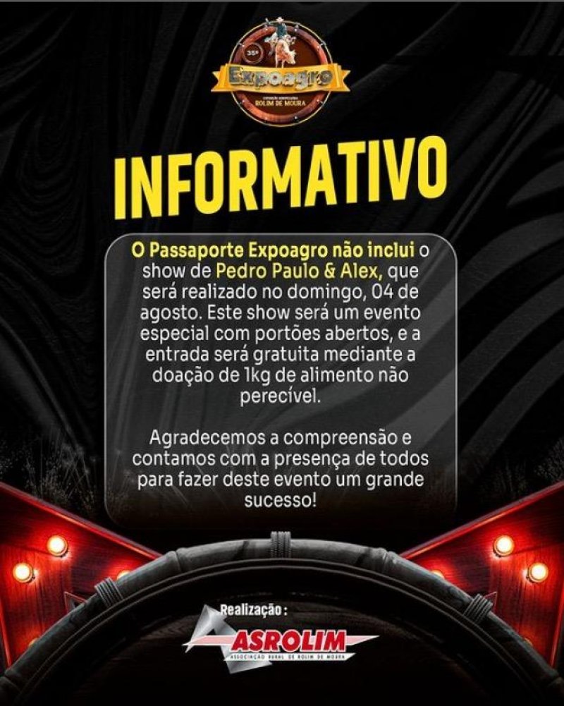 Rolim de Moura: Entrada para o show de Pedro Paulo & Alex na 35ª Expoagro será apenas 1 kg de alimento não perecível