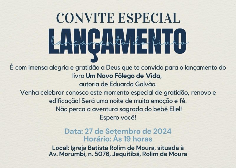 Escritora Eduarda Galvão lança seu primeiro livro “Um Novo Fôlego de Vida” em Rolim de Moura