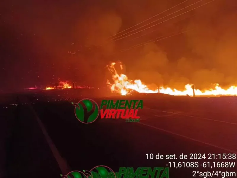 Incêndio de grandes proporções atinge margens da Rodovia 387 entre Pimenta Bueno e Espigão do Oeste