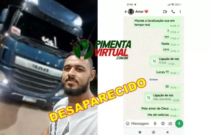 Caminhoneiro desaparece em Pimenta Bueno, em rota entre Cuiabá e Ji-Paraná; família pede ajuda e busca por informações