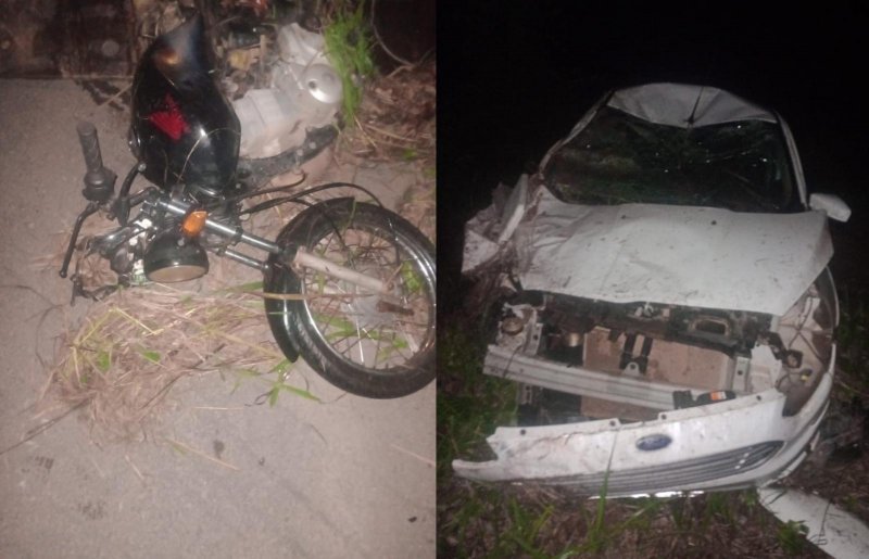 Carro colide em moto na BR-364 entre Jaru e Ouro Preto, capota, e deixa duas vítimas em estado grave