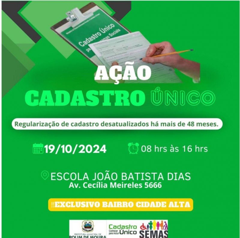 Semas informa que “Ação Cadastro Único” atenderá dia 19 no bairro Cidade Alta