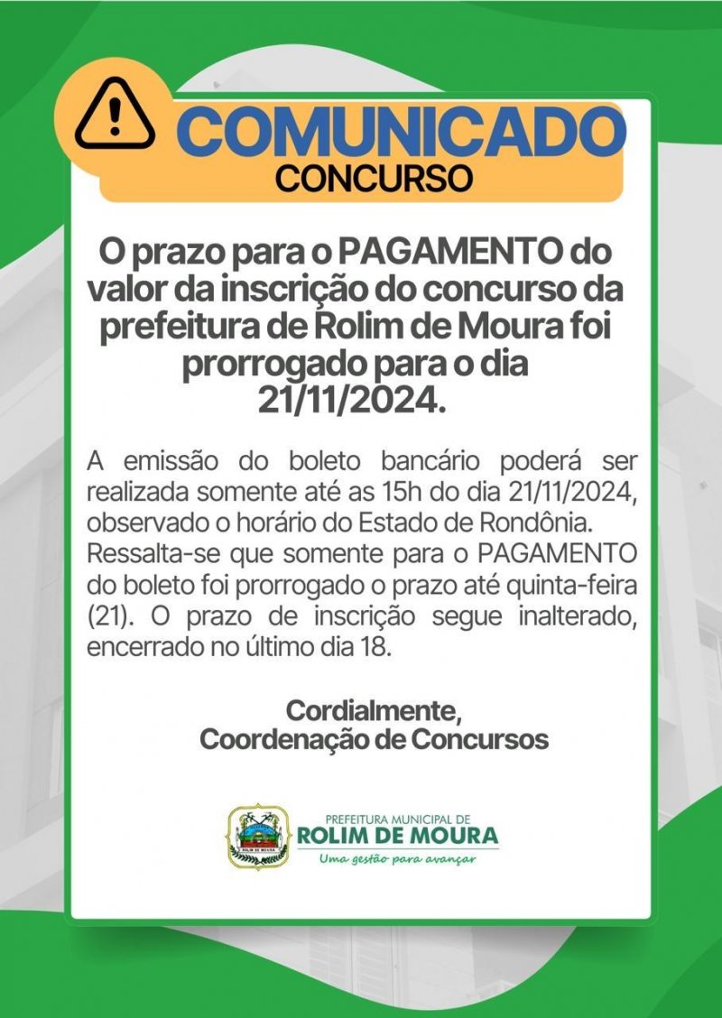 Rolim: Pagamento da inscrição do concurso pode ser feito até dia 21