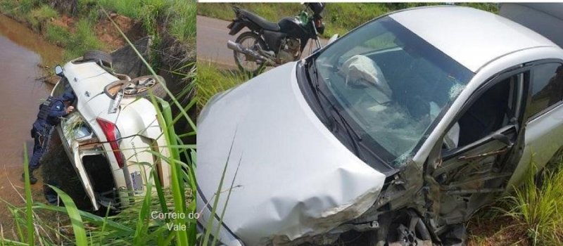 Caminhonete Hilux cai dentro de lagoa após acidente com Corolla na RO 481, próximo de São Miguel, condutores ficaram feridos