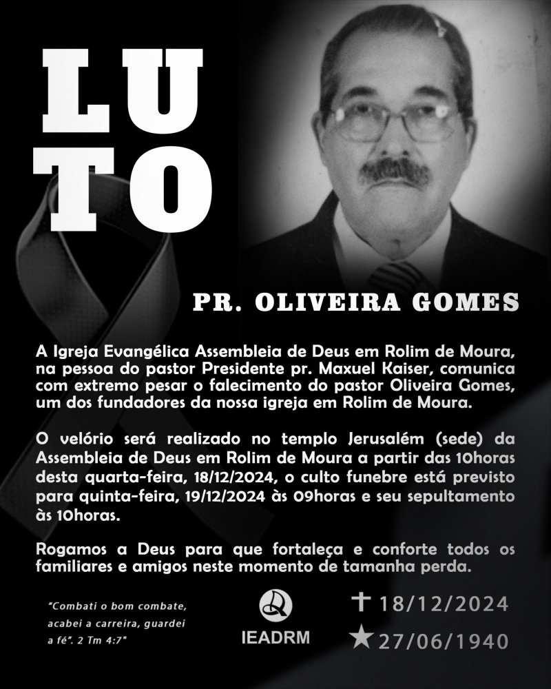 Nota de Pesar do prefeito Aldo Júlio pela morte do pastor Oliveira Gomes