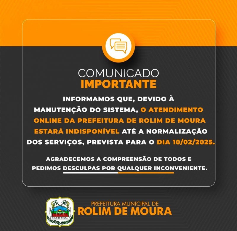Prefeitura de Rolim de Moura faz migração de sistema e alguns serviços ficarão suspensos até a próxima semana
