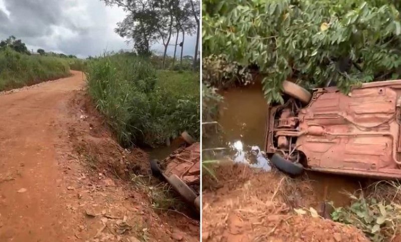 Carro capota e quase cai em córrego na Linha 29, região do Distrito de Terra Boa, no Vale do Guaporé