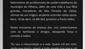 Prefeitura de Rolim de Moura emite pesar por vítimas da tragédia na BR-364