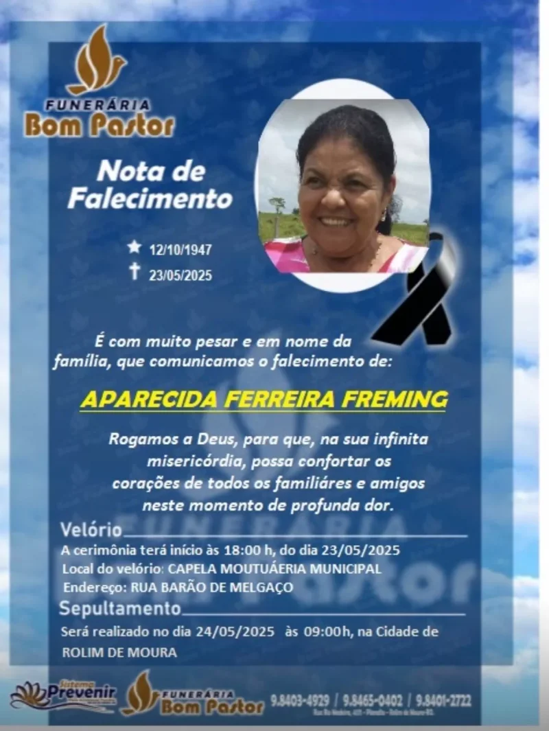 Nota de Falecimento: Aparecida Ferreira Freming