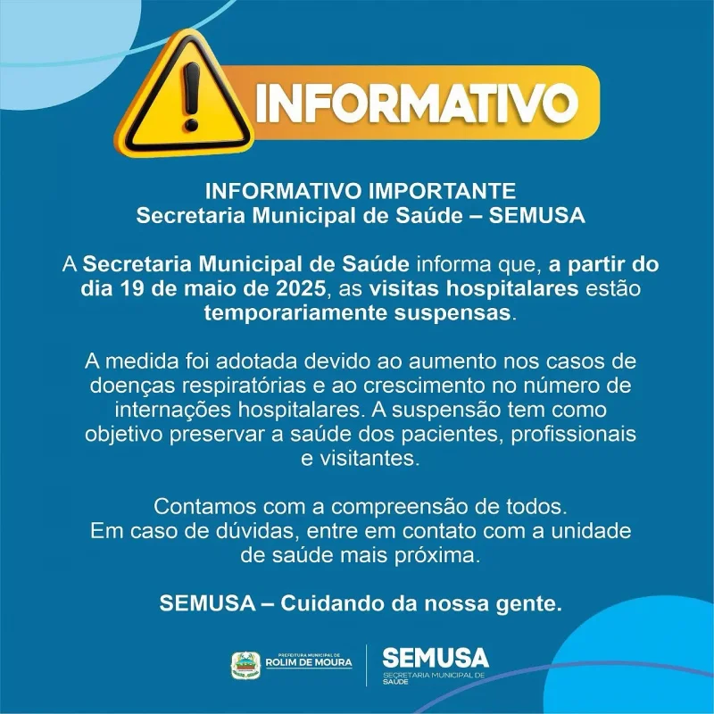 Visitas hospitalares estarão suspensas em Rolim de Moura a partir de segunda-feira
