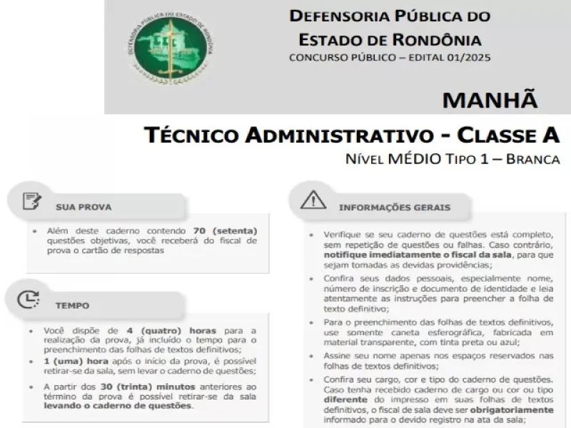 Veja os gabaritos preliminares de concurso da Defensoria Pública de Rondônia para cargos administrativos