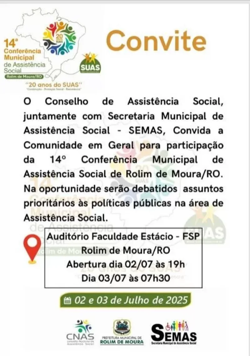 Rolim de Moura realizará 14.ª Conferência Municipal de Assistência Social na próxima semana