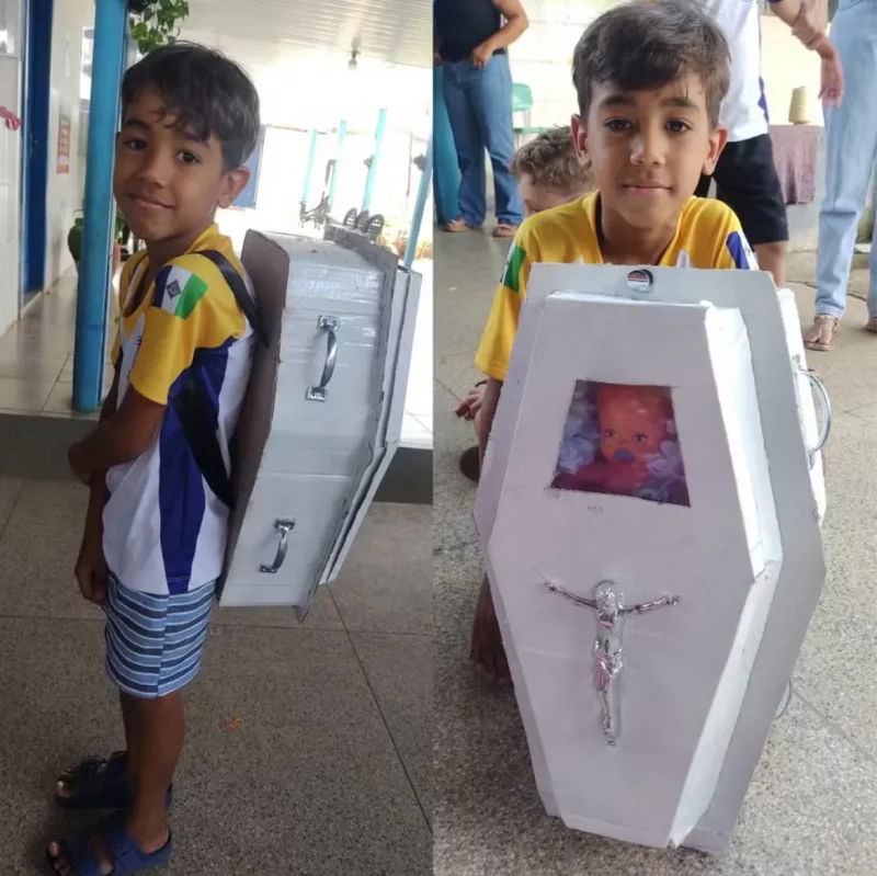 Menino de 8 anos leva mochila em formato de caixão para escola em Rondônia em homenagem ao pai